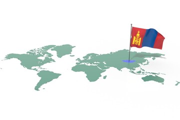 Mappa Terra con evidenziato la nazione Mongolia e bandiera al vento © albasu