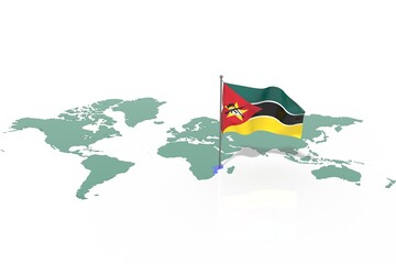 Mappa Terra con evidenziato la nazione Mozambique e bandiera al vento © albasu