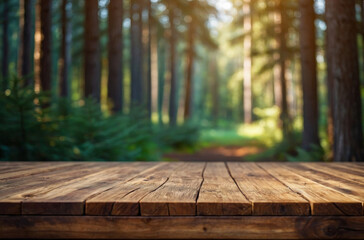 wooden table and fir forest background