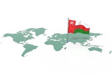Mappa Terra con evidenziato la nazione Oman e bandiera al vento © albasu