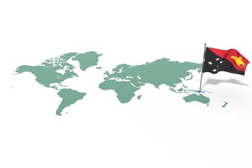 Mappa Terra con evidenziato la nazione Papua New Guinea e bandiera al vento © albasu