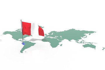 Mappa Terra con evidenziato la nazione Peru e bandiera al vento © albasu