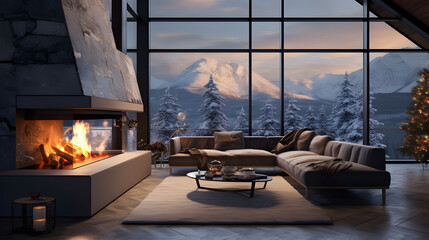 A cozy living room with fireplace and snowy mountain vistas, creating a warm and inviting atmosphere.