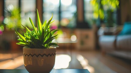 photograph of Plant in a pot on blurred living room interior background wide angle