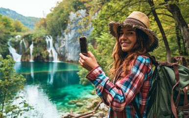Croatian Paradise: Young Native Woman with Backpack Captures the Essence of Croatia, Taking a Happy Selfie Amidst the Turquoise Wonders of Plitvice and Krka National Parks.