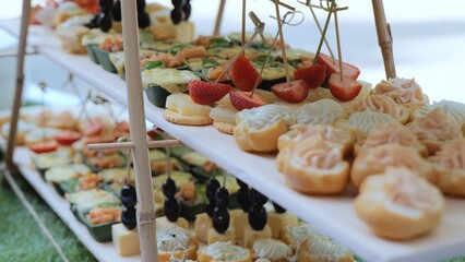 Catering on a banquet table with appetizers-canapes in a restaurant or hotel. Snacks on the table, catering concept. buffet food set for corporate day celebration.