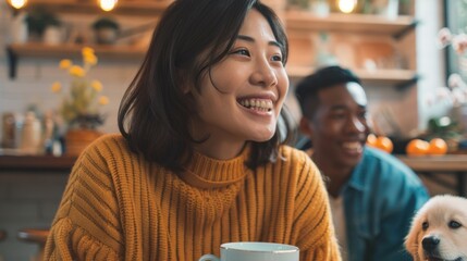 Smiling Asian woman in sweater holding coffee near American boyfriend playing with puppy at home