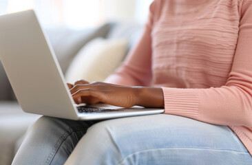 Fototapeta premium Laptop, hand and person typing an email or message for social media marketing, business or networking. Closeup, computer and video call with friends or colleagues for content creation and research