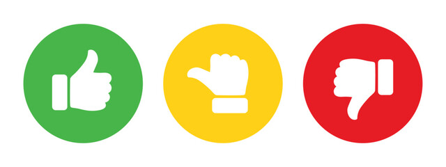 Like, dislike and neutral thumb symbols in green, yellow and red color. Feedback and rating thumbs up and thumbs down icons set. Thumbs up, down and sideways symbol icon set.