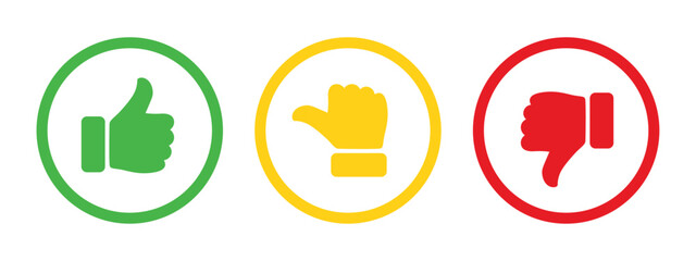 Like, dislike and neutral thumb symbols in green, yellow and red color outline. Feedback and rating thumbs up and thumbs down icon set. Thumbs up, down and sideways symbols. - obrazy, fototapety, plakaty