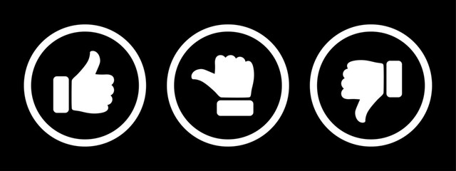 Like, dislike and neutral thumb symbols in white circle outline. Feedback and rating thumbs up and thumbs down icon set. Thumbs up, down and sideways symbols isolated on black background. - obrazy, fototapety, plakaty