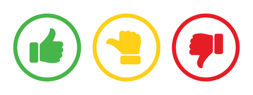 Like, dislike and neutral thumb symbols in green, yellow and red color outline. Feedback and rating thumbs up and thumbs down icon set. Thumbs up, down and sideways symbols.