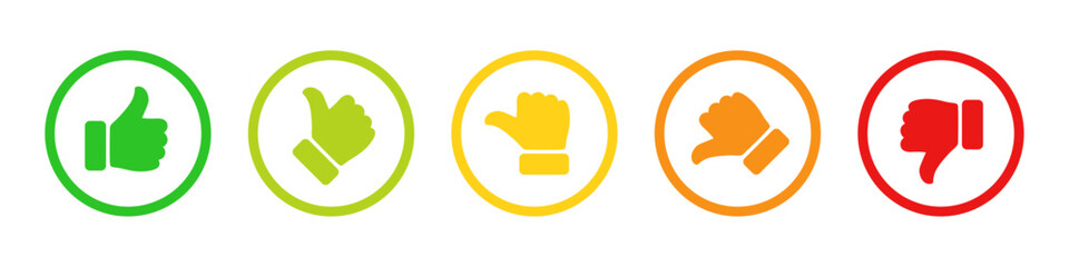 Rating and feedback scale with thumb symbol in green, yellow and red color outline. Excellent, good, average, poor, bad rating thumb icon set. Satisfied, unsatisfied, neutral survey icon set.