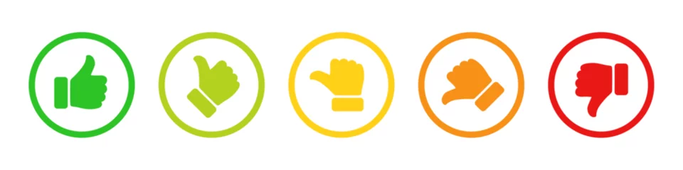 Fotobehang Rating and feedback scale with thumb symbol in green, yellow and red color outline. Excellent, good, average, poor, bad rating thumb icon set. Satisfied, unsatisfied, neutral survey icon set. © Graphic Stocks