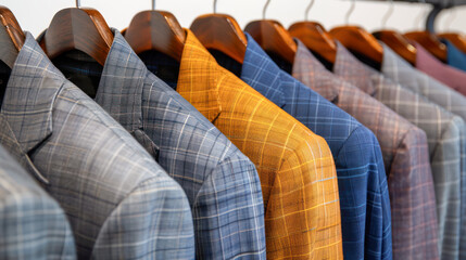 Obraz premium Row of men suit jackets on hangers in different colors.Generative AI