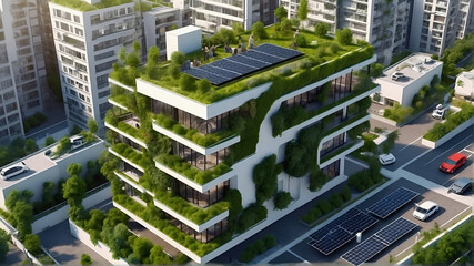 A vertical forest concept of a metropolis covered with green plants. Civil architecture and natural biological life combine a splendid environmental awareness city