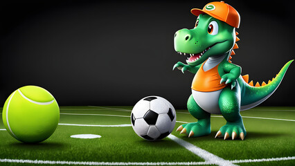 a cartoon character watercolor nursery style dinosaur joining a sports team or participating