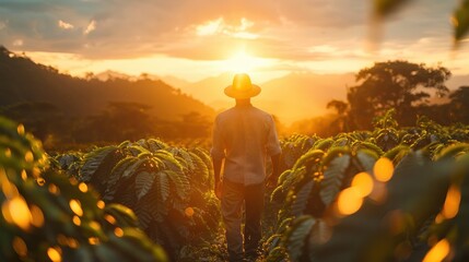 Obraz premium portrait of a farmer with hat through a downhill coffee field at sunrise.Generative AI