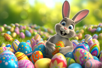 A cute cartoon Easter bunny surrounded by colorful holiday eggs rests in the lush grass
