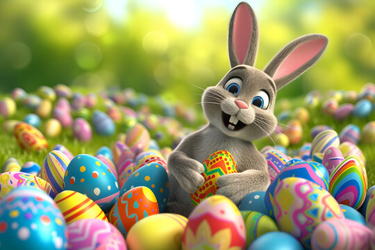 A cute cartoon Easter bunny surrounded by colorful holiday eggs rests in the lush grass