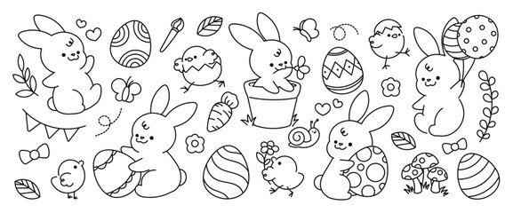 Happy Easter doodle hand drawn vector. Cute set of rabbit, chicks, eggs, flower, leaf, carrot, butterfly easter element. Spring event and bunny illustration for clipart, sticker, card.