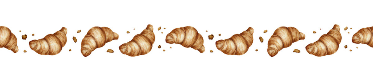 Croissants. Isolated watercolor seamless border with croissants. Bakery products. For design of labels and packaging, cards, logo for the bakehouse and bakeshop.