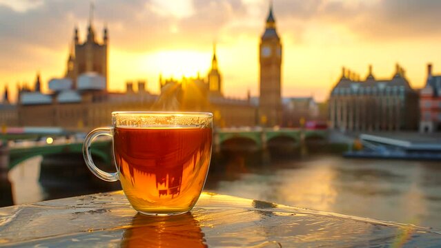 Cup of tea on the table with view big Ben in london. seamless looping 4k time-lapse animation video background 