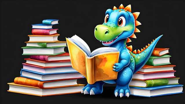 a cartoon character watercolor nursery style dinosaur reading books clipart on black background
