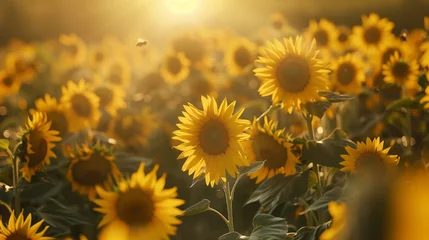 Fototapeten Beneath the golden rays of the summer sun, a field of sunflowers stretches as far as the eye can see, their vibrant petals turning towards the sky © junaid