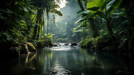 Paysage d'un forêt tropicale, avec arbres et rivière. Ambiance tropicale, humide, chaleur. Nature sauvage, rocher, végétation. Pour conception et création graphique. - obrazy, fototapety, plakaty