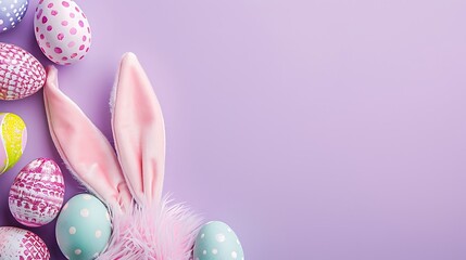 Easter concept. Top view photo of fluffy bunny ears and colorful easter eggs on isolated lilac...