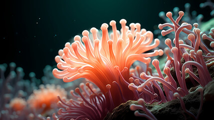 Naklejka na ściany i meble Beautiful undersea tropical fluorescent sea anemone on deep sea coral reef