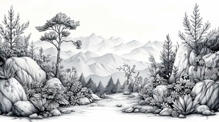 Line drawings of a mountain landscape - obrazy, fototapety, plakaty