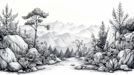 Türaufkleber Weiß Line drawings of a mountain landscape