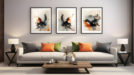 Abstract artwork framed in sleek black frames, creating a focal point in a contemporary living room's design.