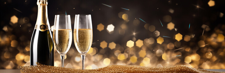 A bottle of champagne and two filled glasses set against a sparkling golden glitter background, suggesting a celebration