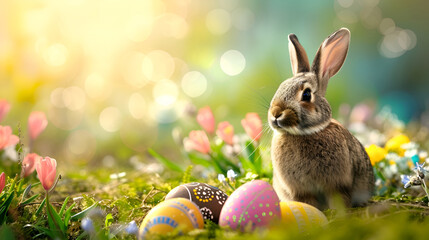 Fototapeta na wymiar Easter bunny with colored eggs in the grass on a blooming meadow