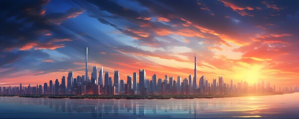 Vibrant sunset illuminates skyscrapers in the bustling cityscape. Concept Cityscape, Skyscrapers, Sunset, Vibrant Colors, Urban Landscape