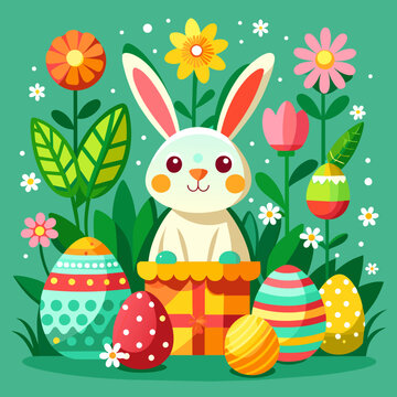 A rabbit climbs out of a surprise gift box, with painted eggs in the background. Vector illustration