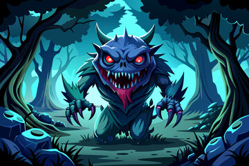 A monster demon emerges and a mystical magical dark forest. Vector illustration for the fairy tale - obrazy, fototapety, plakaty