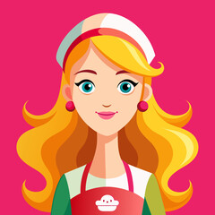 Beautiful girl pastry chef with blonde hair wearing a white apron. Vector illustration isolated on white