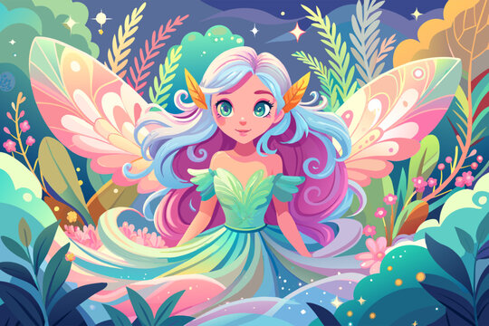 Fairy elf girl with long pink and blue hair and a magical sparkly dress. Vector illustration of fairy tale