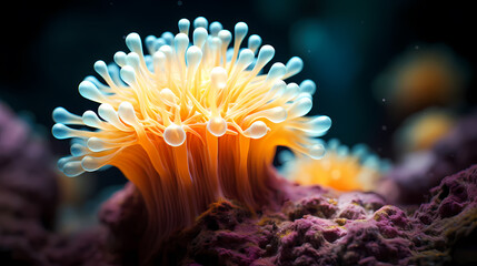 Naklejka na ściany i meble Beautiful undersea tropical fluorescent sea anemone on deep sea coral reef