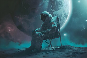 astronaut sit on a chair on the moon