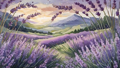 Fototapeta premium Lavender field painting, beautiful landscape