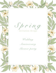 Vector rectangle frame with freesia flowers and leaves on white background. Spring title. Invitation design. Greeting card.