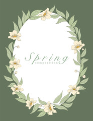 Vector oval frame with freesia flowers and leaves on white background. Spring title. Invitation design. Greeting card.