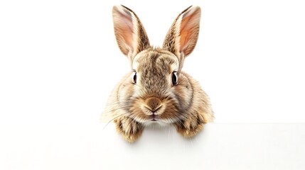 Rabbit looking over a signboard. Isolated on white background