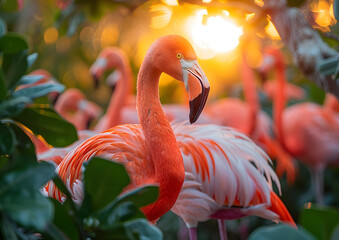 Fototapeta premium Flamingos at Sunset, A professional photograph of a colony of vibrant pink flamingos gathered at the water's edge, basking in the golden glow of sunset.