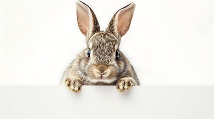 Rabbit looking over a signboard. Isolated on white background